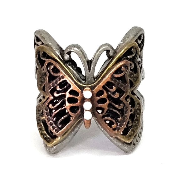 Unique Large Tri-Color 3D Pewter Butterfly Cocktail Ring Size 8 - Picture 2 of 8